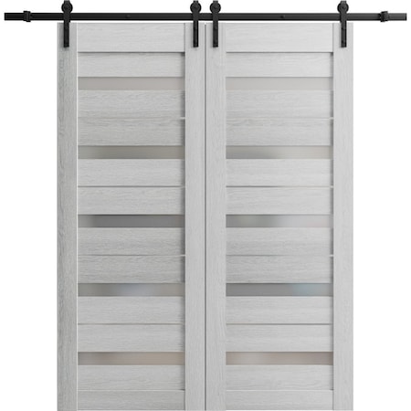 Sartodoors Sturdy Dbl Barn Door 60 x 96in, Light Grey Oak W/ Frosted Glass, 13FT Rail Hangers Heavy Set QUADRO4445DB-OAK-6096